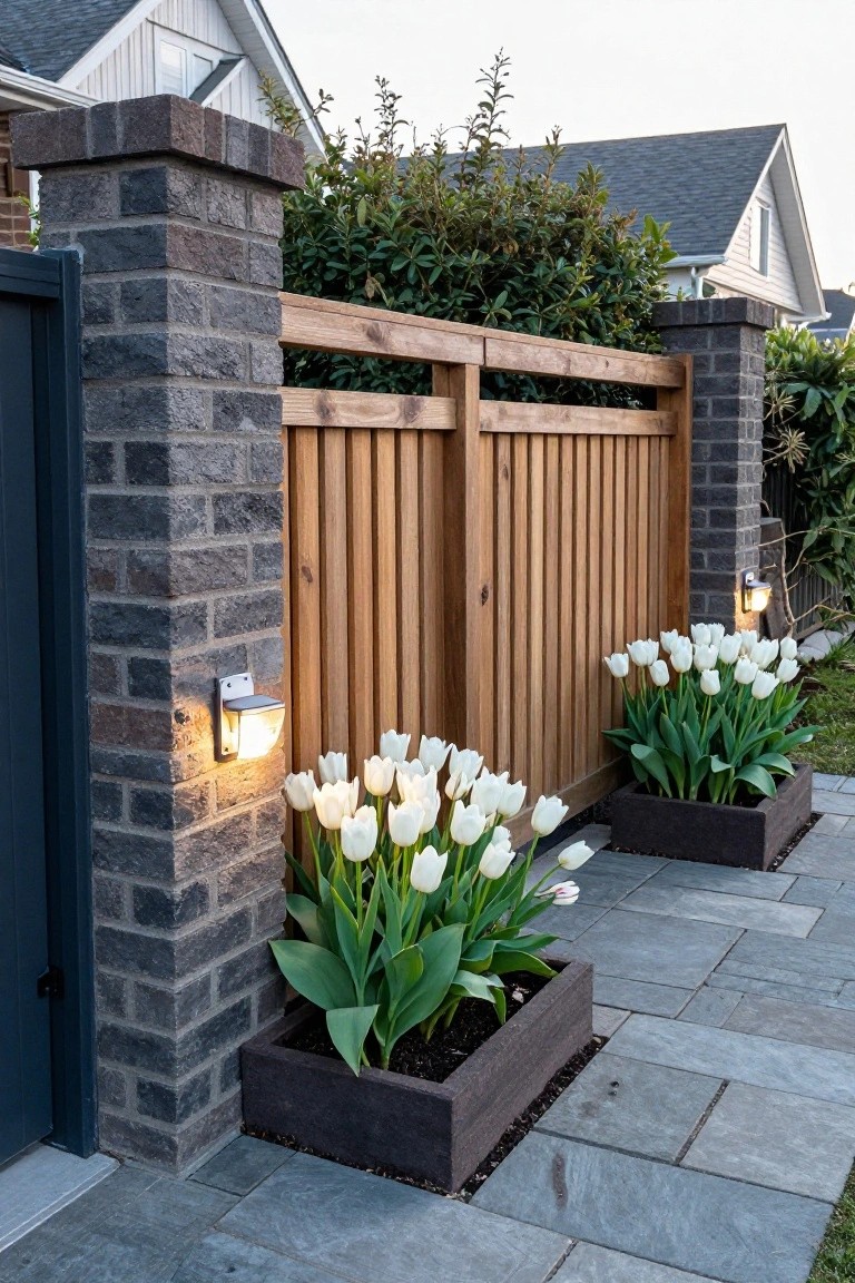 A wooden slat gate between two dark brick pillars, flanked by rectangular planters holding white tulips along a paved path.