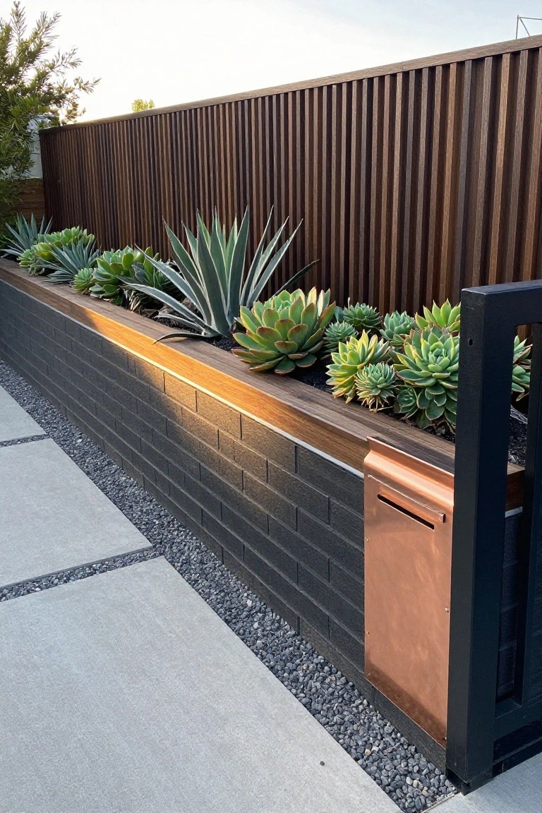 Dark brick wall with wood top edge holds rows of succulents in front of vertical wood fencing, with a copper mailbox mounted on the right side.
