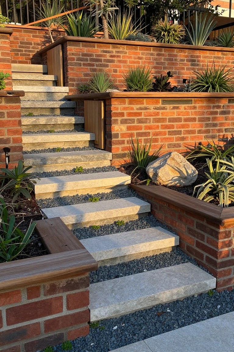 Stone steps ascend between low brick retaining walls capped with dark wood, bordered by gravel and planted beds.