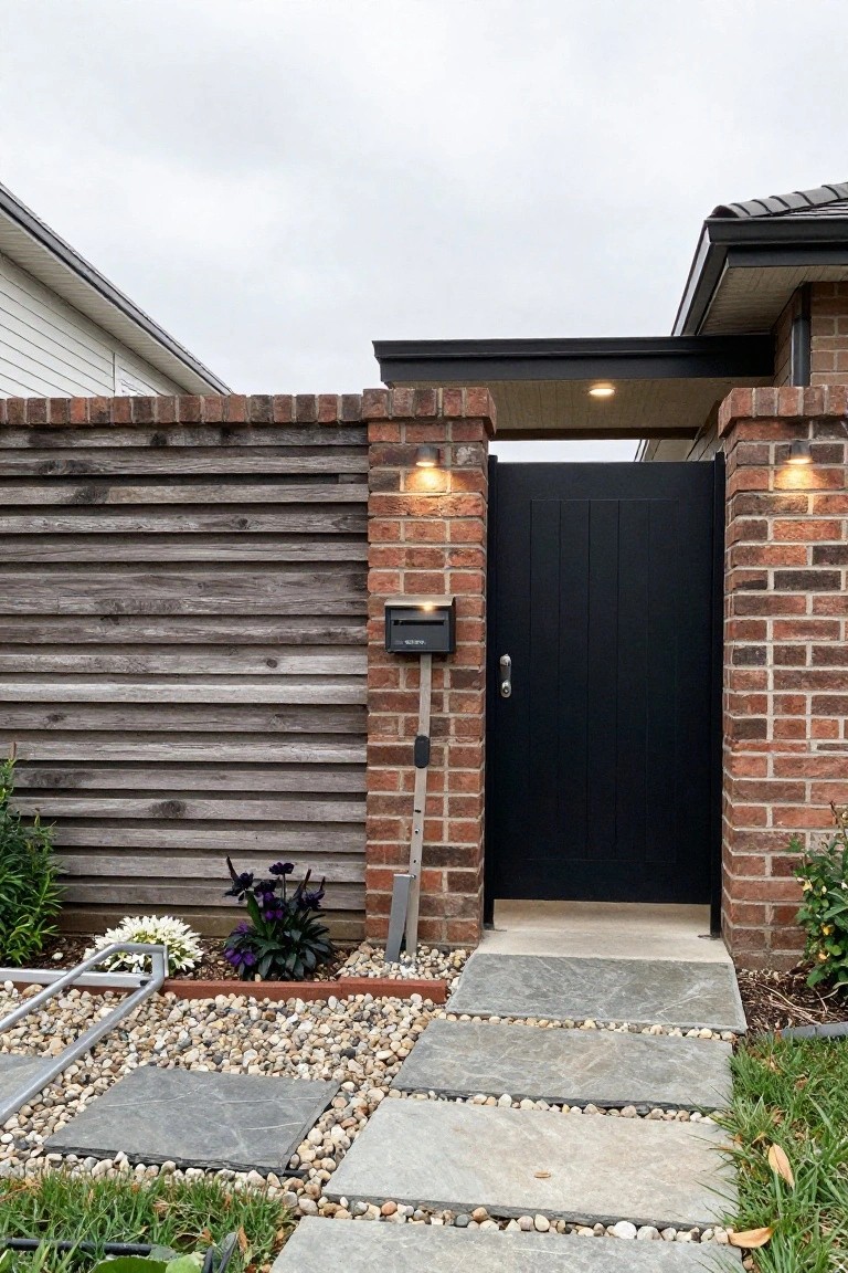 A modern side gate framed by brick pillars, with horizontal wood fencing on one side and a black vertical gate on the other, leading to a stone pathway.
