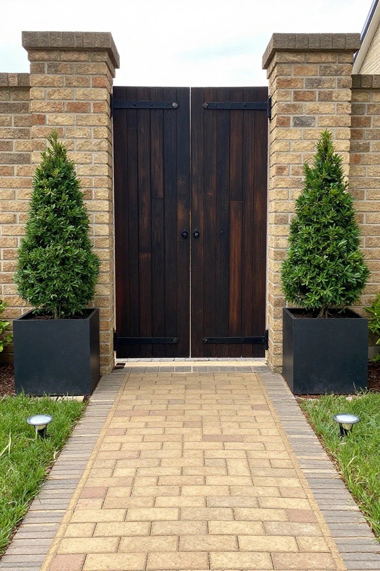 A dark wood double gate between brick pillars, flanked by two potted evergreen trees in black planters, with a paved path leading to the gate.
