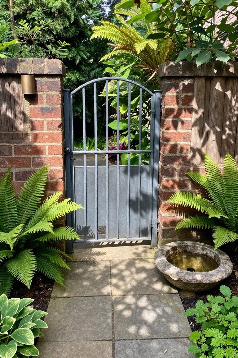 A metal gate between two brick pillars, with wooden fence panels attached on both sides and ferns planted at the base along a stone path.