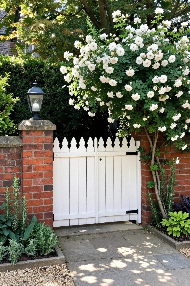 White picket gate between red brick walls, black lantern and white roses
