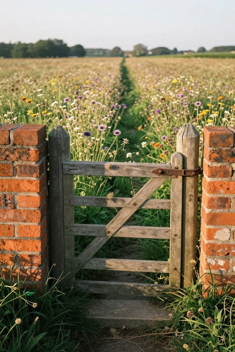 A wooden gate between two brick pillars opens onto a narrow dirt path through a field of wildflowers.