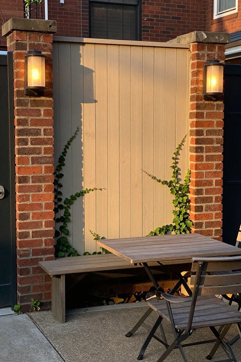 Wooden fence panels set between two red brick pillars with wall lanterns, and a wooden table and bench in front on a concrete patio.