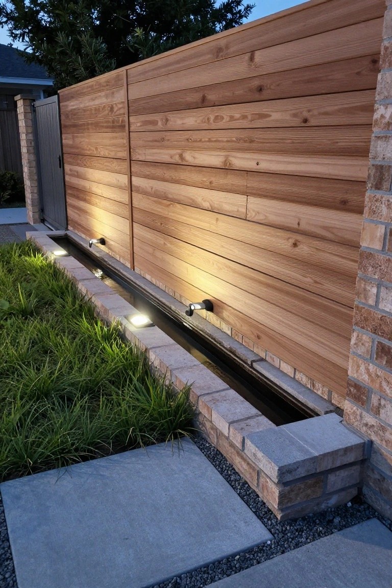 A long horizontal wood fence with brick columns at the corners, a narrow water channel along the base, and ground lights beside grass and concrete pavers.