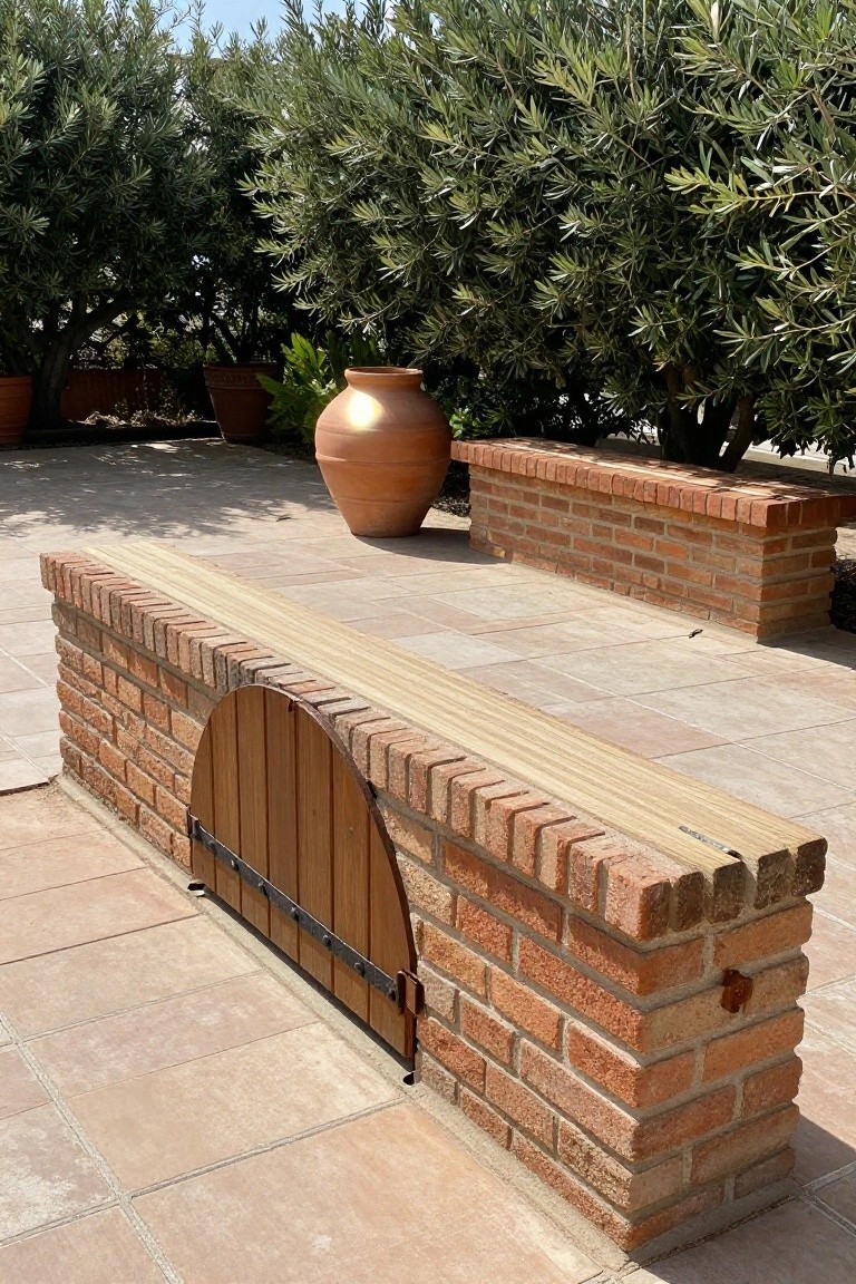 A low brick wall with a wooden top cap features a small arched wooden door with black metal hinges on a stone patio.