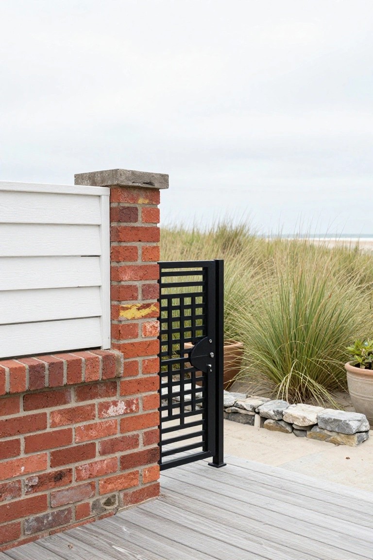 A black metal grid gate attached to a red brick pillar beside white siding on a wooden deck.