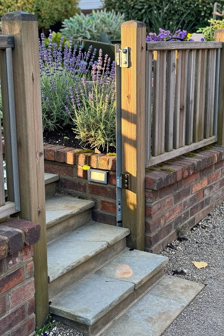 A wooden gate with vertical slats is hinged to a post on a low brick wall beside stone steps leading into a garden.