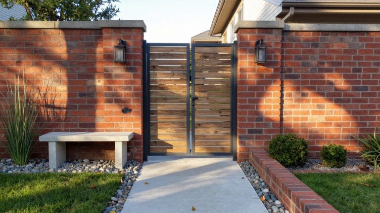 A black metal gate stands open between two red brick pillars topped with lanterns, with a gravel path and wood fencing visible on the sides.