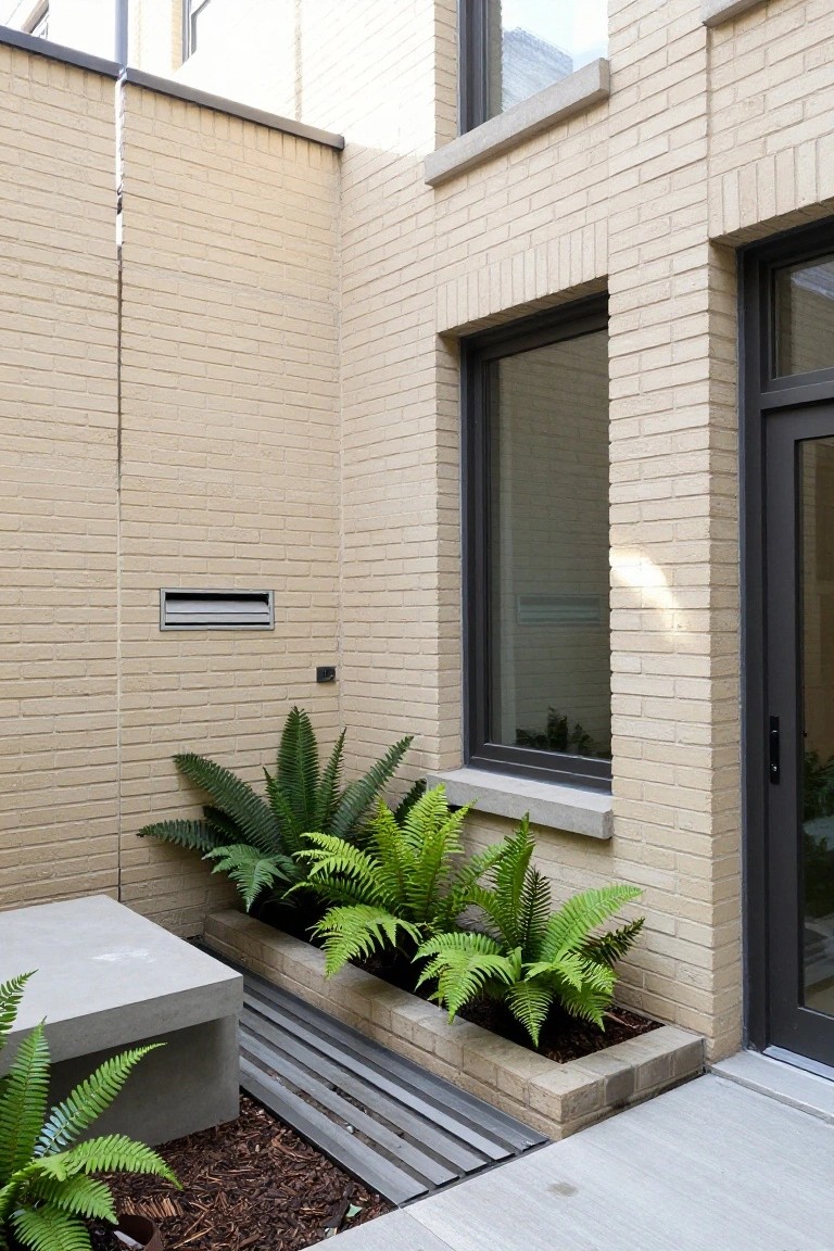 Modern courtyard with beige brick walls, fern-filled planter, concrete bench, and dark door.