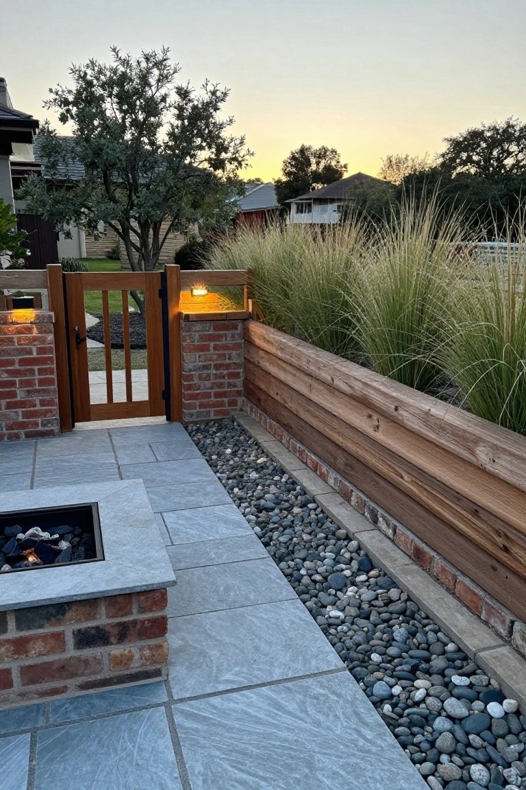 A backyard patio with gray stone pavers, a brick fire pit, a wooden gate, and a horizontal wood fence supported by brick pillars with small lights.
