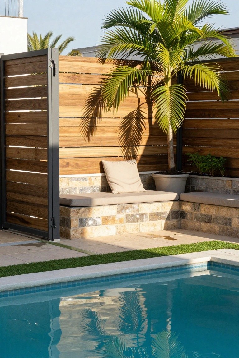 Outdoor pool with cushioned bench, palm tree, and horizontal wooden fence