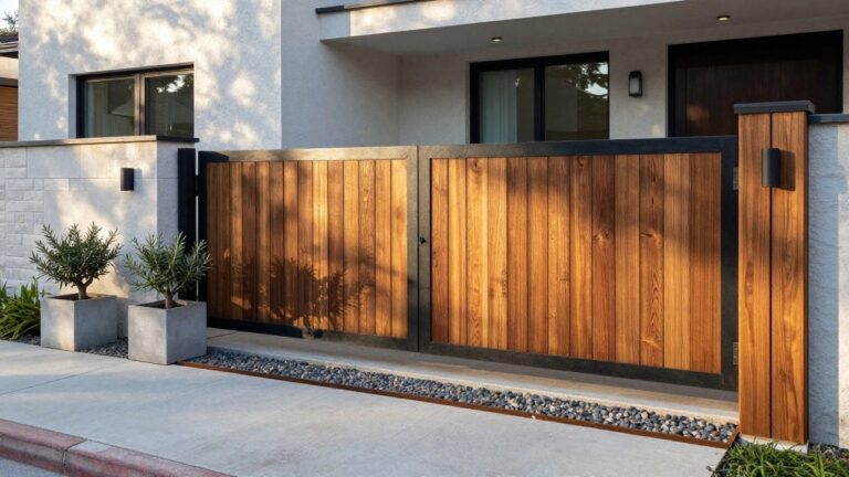 13 Striking Timber and Metal Gate Ideas Inspired by Luxury Architecture A modern entry gate with horizontal wooden slats in a black metal frame, set between light stone pillars beside a house.
