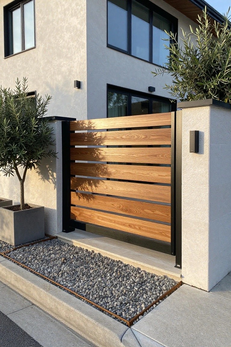 A modern entry gate with horizontal wooden slats in a black metal frame, set between light stone pillars beside a house.