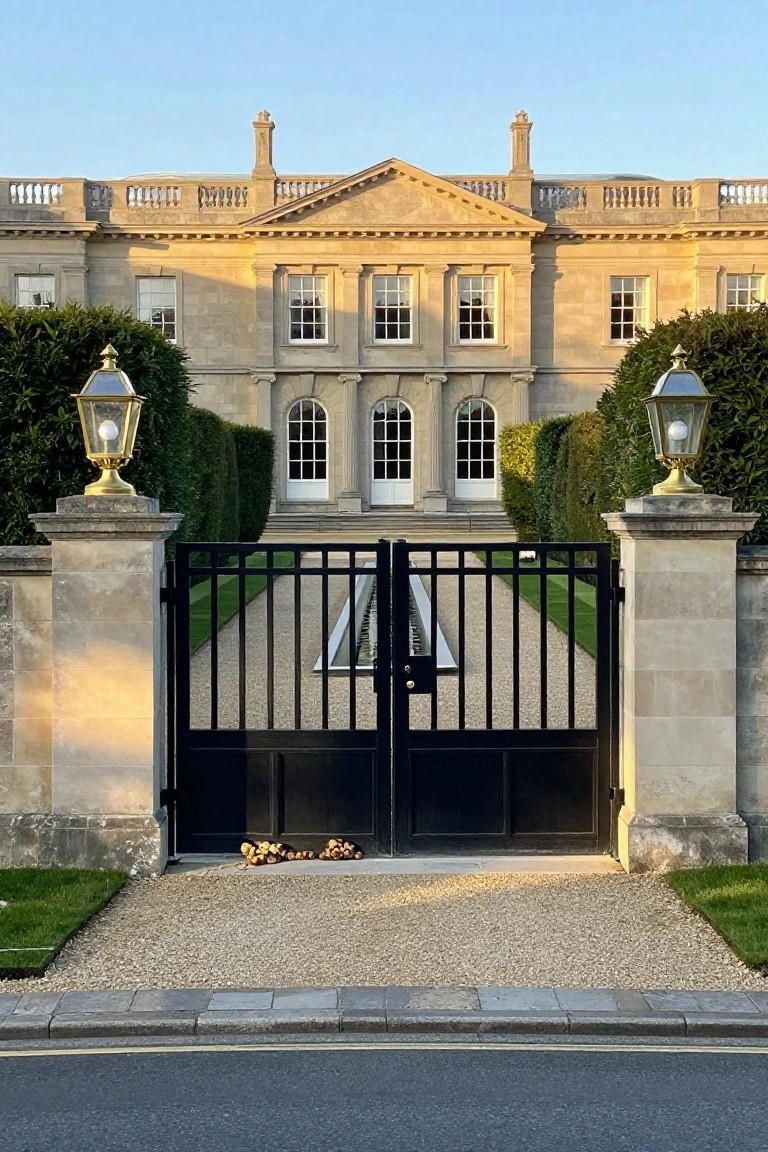 A black metal double gate stands between two stone pillars with lanterns, in front of a large stone house with a gravel driveway.