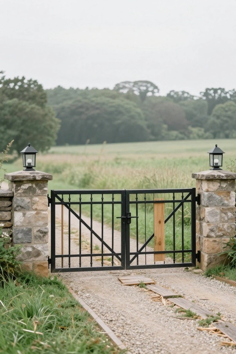 A black metal double gate stands between two stone pillars topped with lanterns, with a gravel path leading through fields.