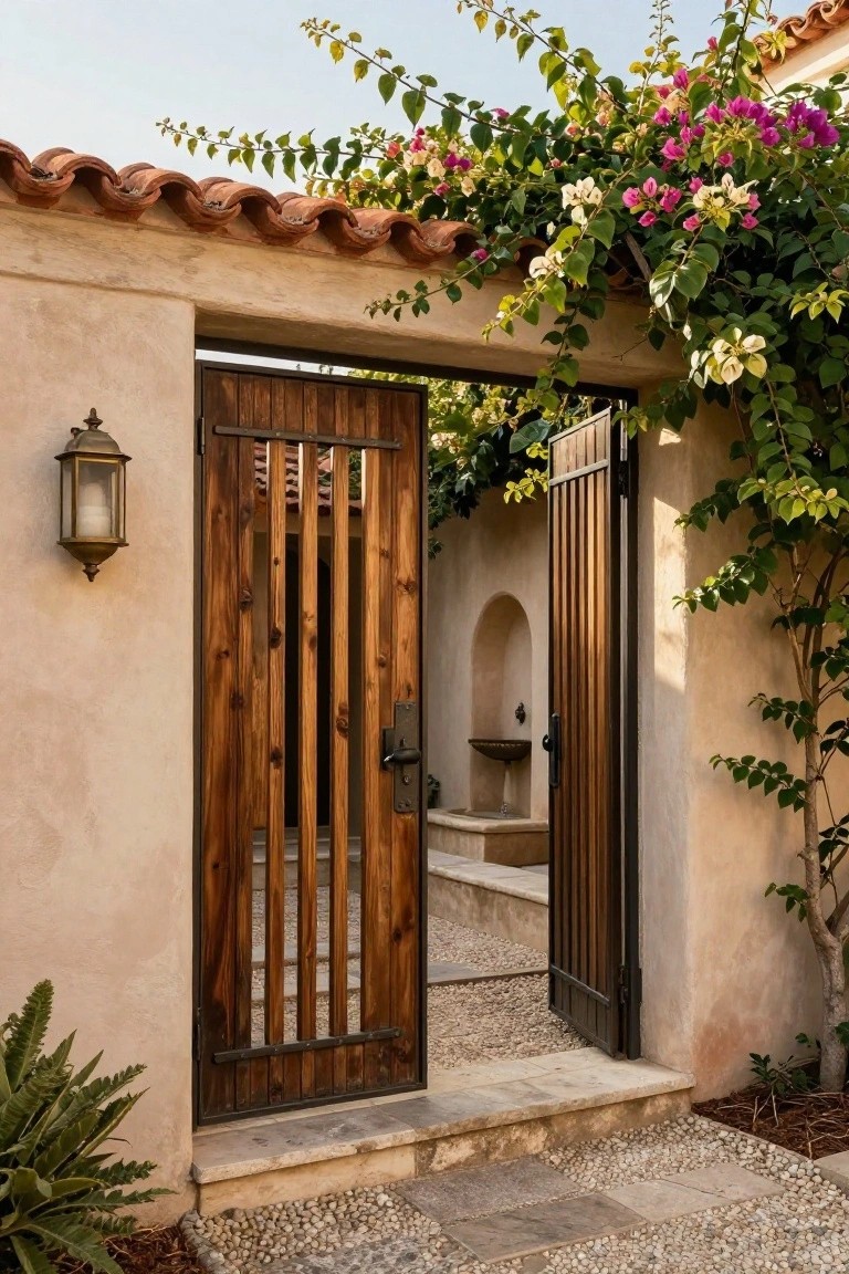 Open wooden gate in stucco wall with bougainvillea flowers, lantern, and courtyard fountain