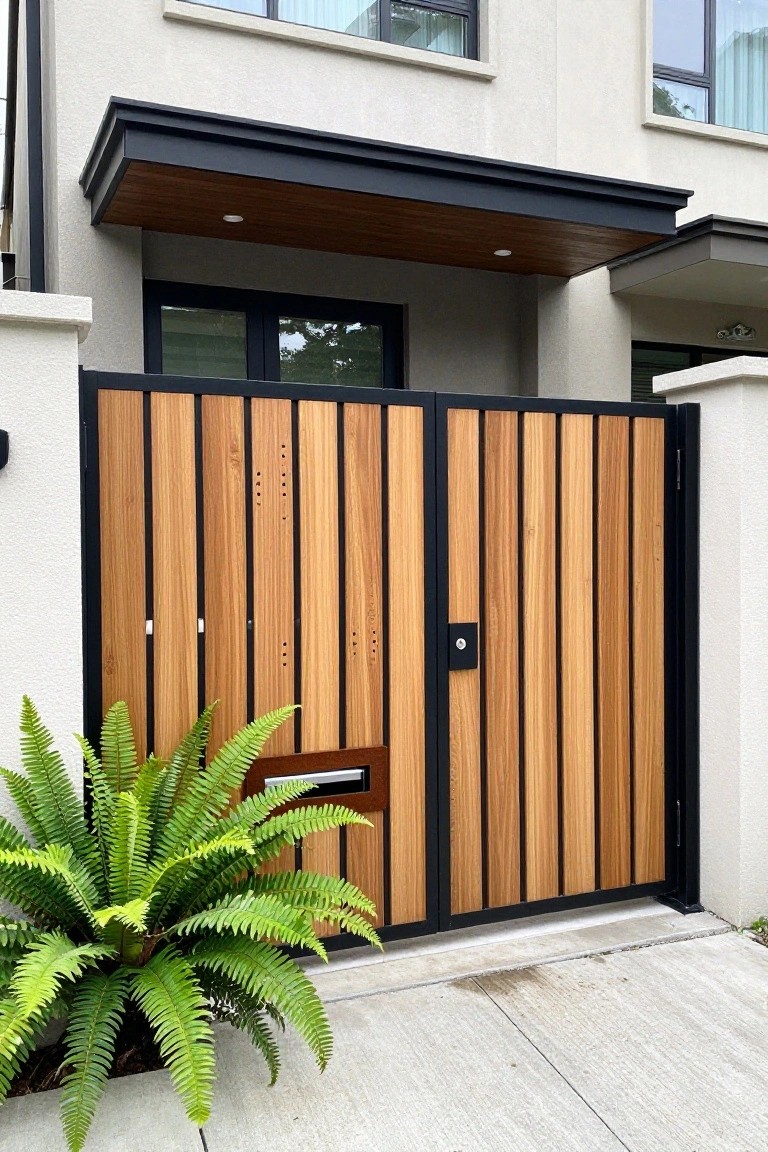 A front gate with vertical wooden slats in a black metal frame, featuring a built-in mailbox and a green fern plant beside the entrance.
