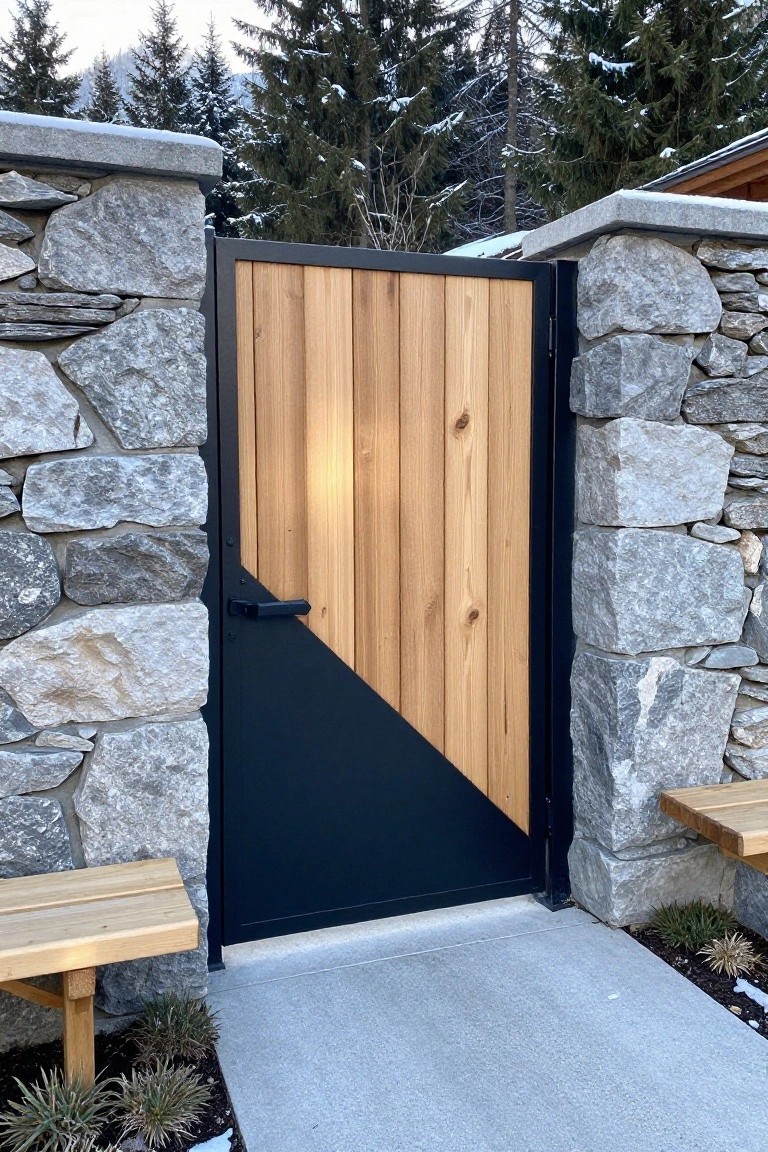 A wooden gate with vertical planks on the upper portion and a black lower section divided diagonally, set in a black metal frame between stone walls.