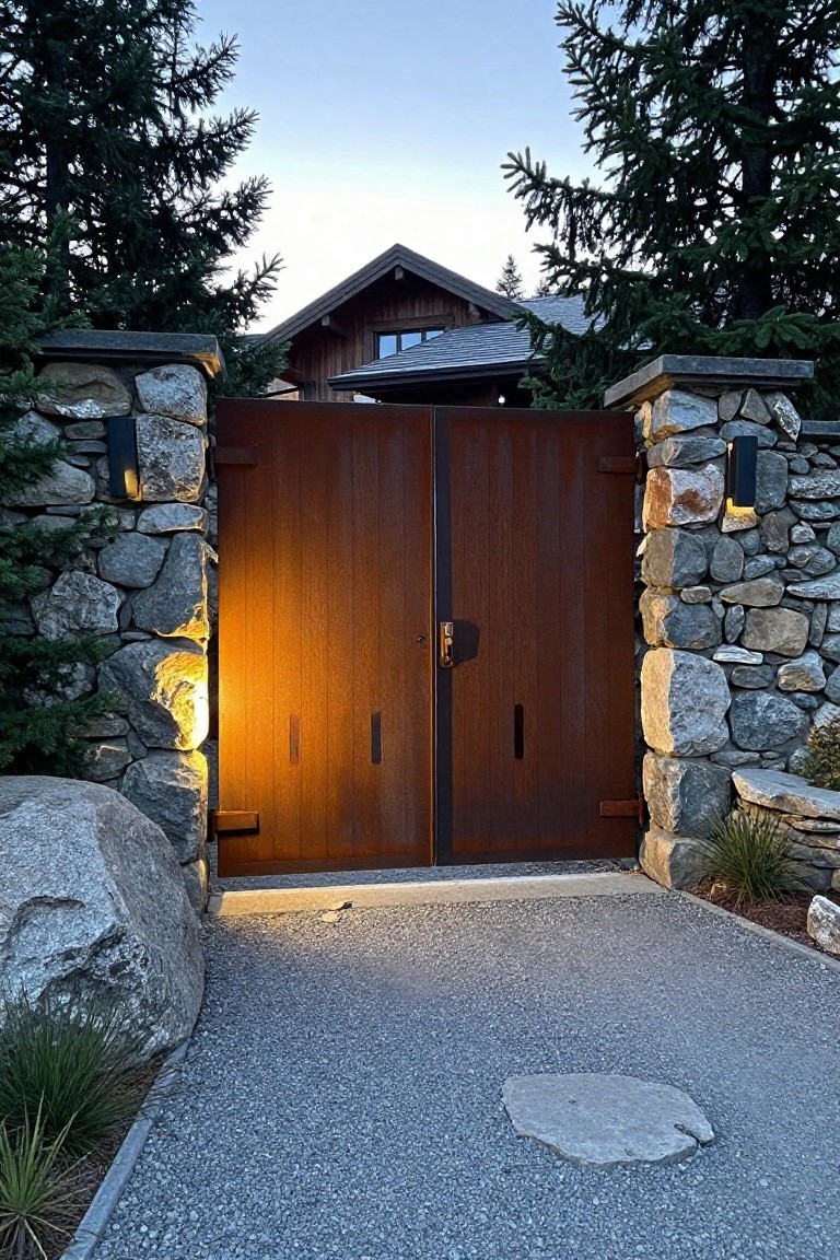 A double timber gate with vertical planks and metal accents sits between two stone pillars with wall lights, leading to a house driveway.