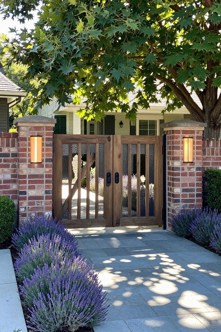 Wooden double gate between brick pillars with lights, lavender bushes, and leafy tree overhead