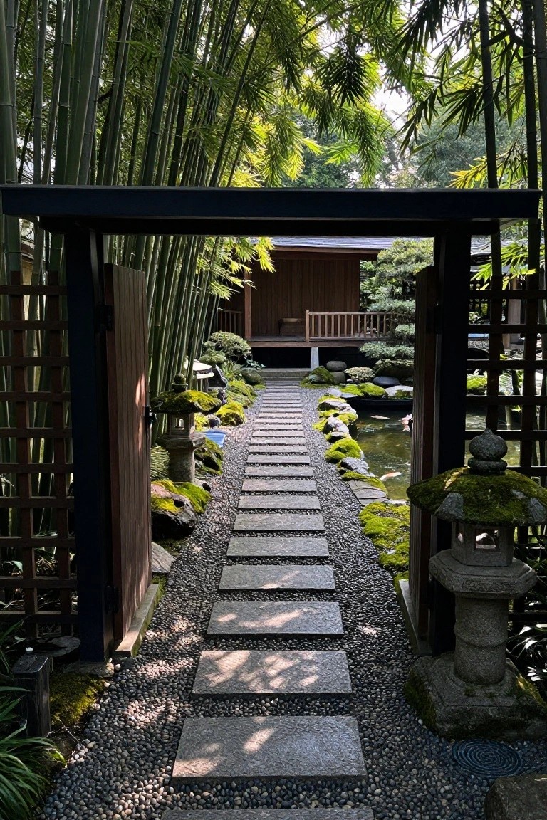 Stone path winds through bamboo garden past lanterns to wooden pavilion.