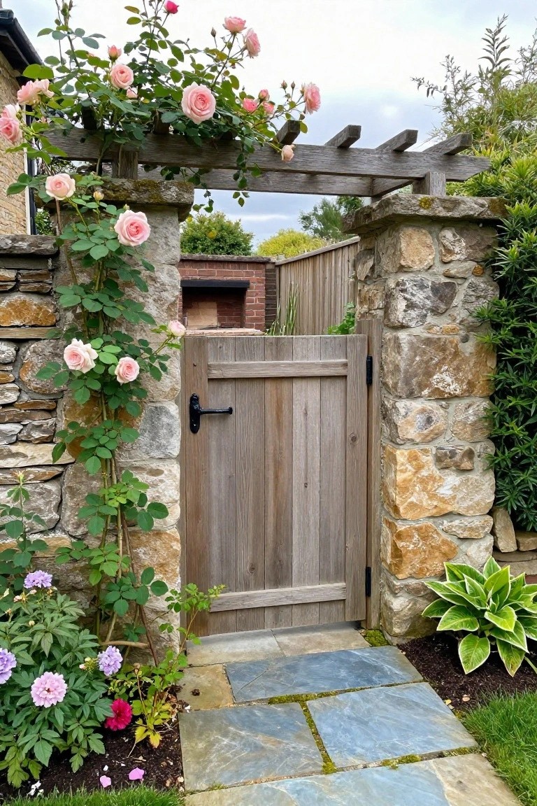 A wooden garden gate with black metal hardware sits between stone pillars under a timber pergola, with climbing roses on the left and a stone path in front.