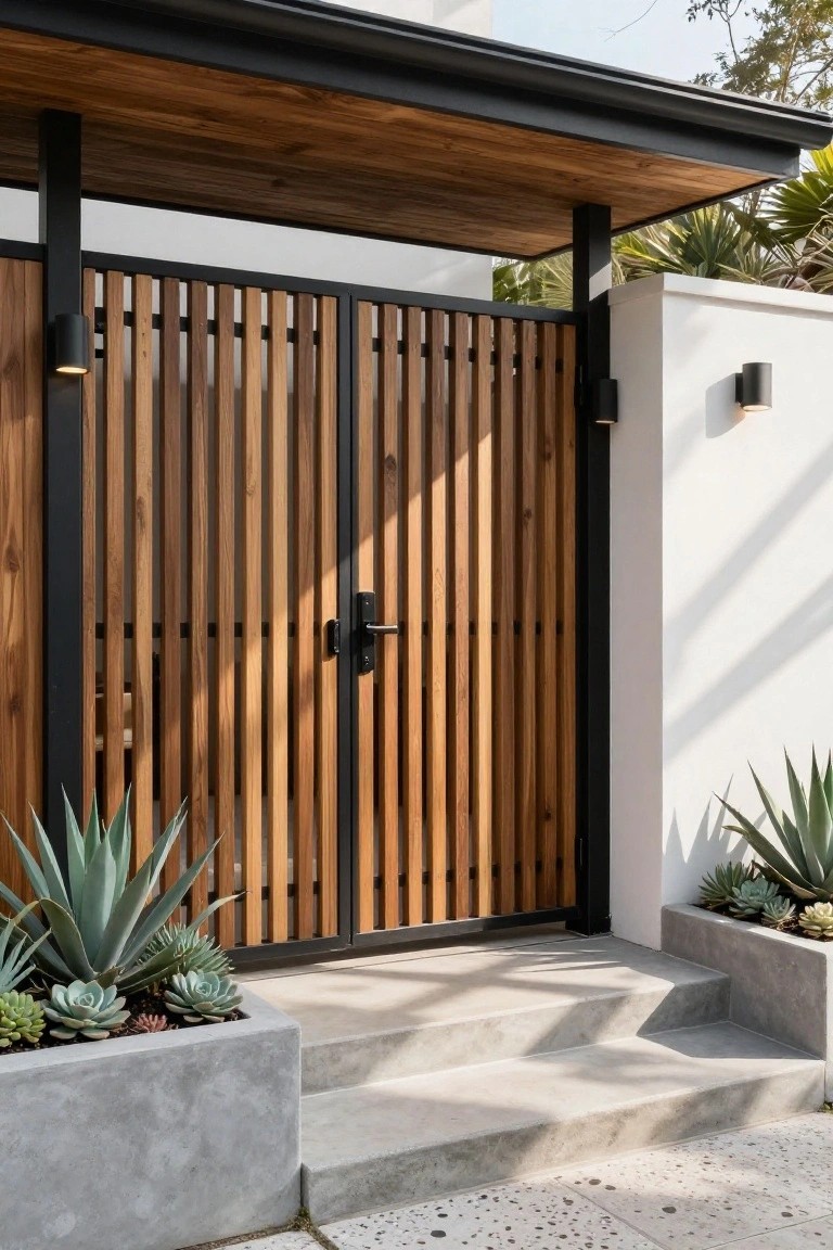 A double gate with vertical wooden slats in a black metal frame sits at the top of concrete steps, flanked by concrete planters with succulents.