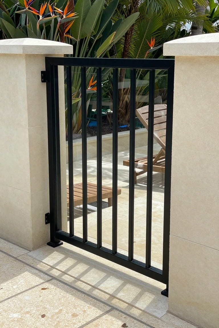 Open black metal gate between beige stone pillars on sunny patio with tropical plants and chairs