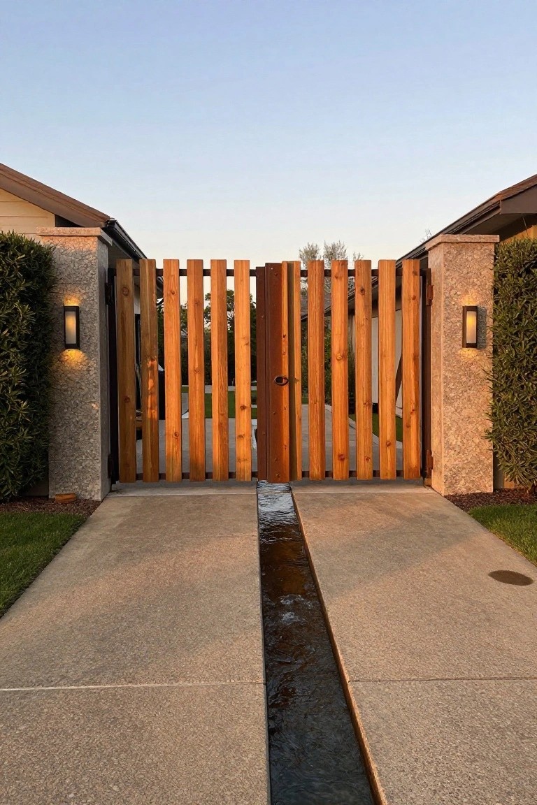 A wooden gate made of vertical timber slats is centered between two stone pillars with wall lights, and a narrow water channel runs down the middle of the concrete driveway.