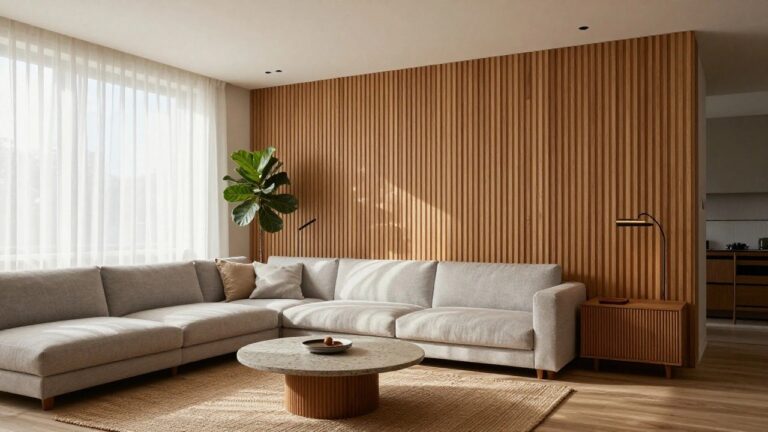 17 Striking Vertical Wood Slat Accent Wall Ideas for Higher-Looking Ceilings Modern living room with slatted wood wall, marble table, and potted plant