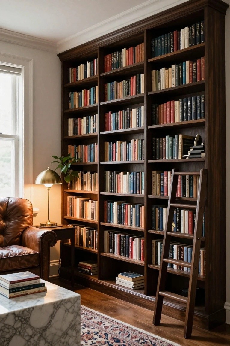 Dark wood bookshelves packed with books, rolling ladder, leather armchair, marble table in library.