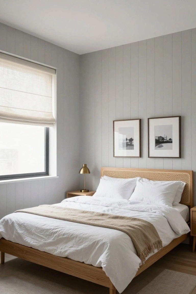 A bedroom interior with light gray vertical wood slat walls, a wooden bed with white bedding and a woven headboard, and two framed black and white prints above the bed.