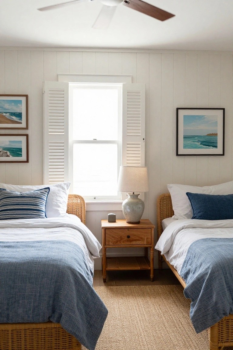 A bedroom interior with white vertical wood panel walls, two twin beds with blue bedding, a central window with shutters, and light wood nightstand.