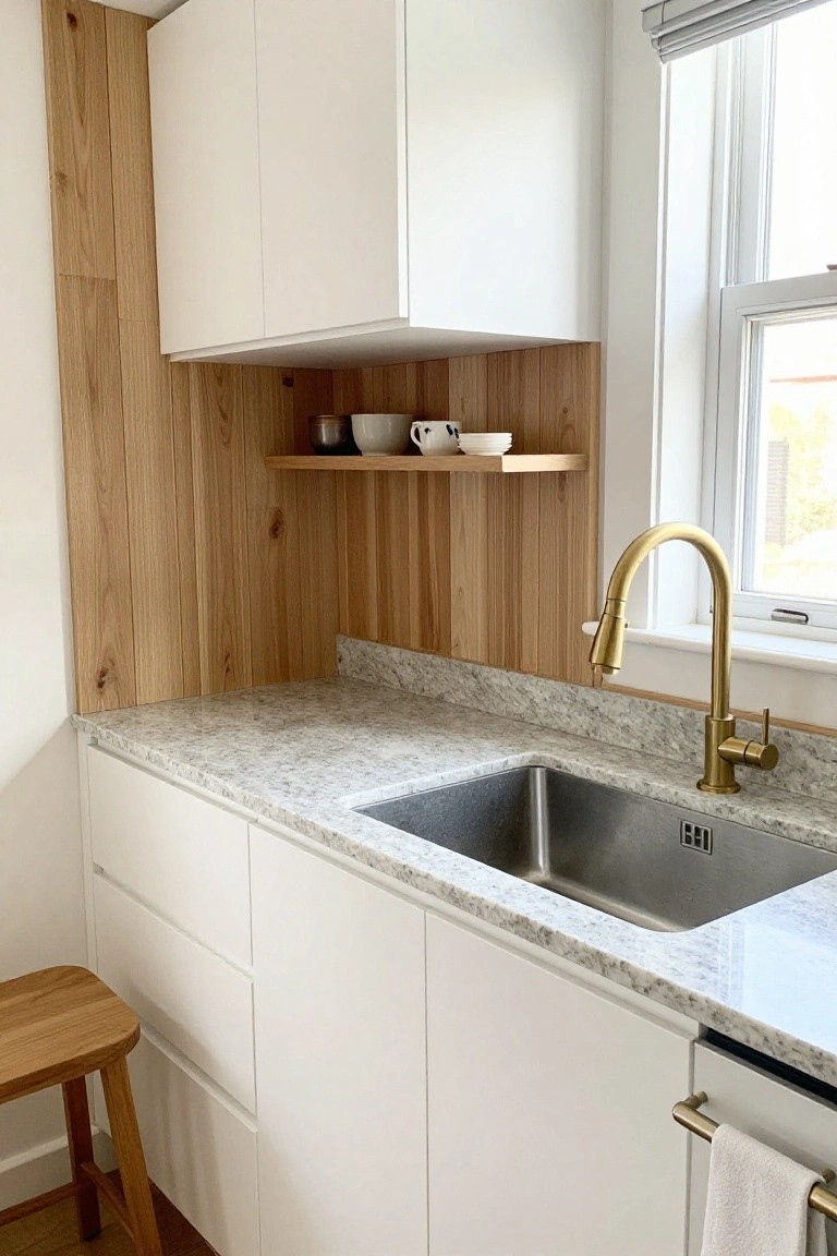 A modern kitchen with white cabinets, a stainless steel sink under a brass faucet, and vertical light wood slats covering the wall behind an open shelf.