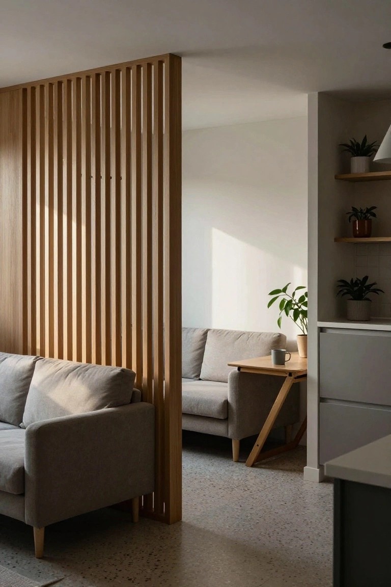 A living room divided by a tall vertical wood slat screen, with gray sofas on both sides and a small wooden side table visible through the opening.