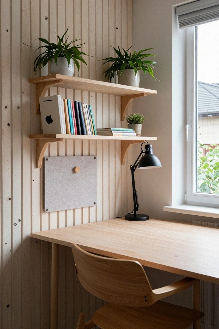 A light wood desk and chair sit below two floating shelves mounted on a vertical wood slat wall, with books, a lamp, plants, and a felt board visible.