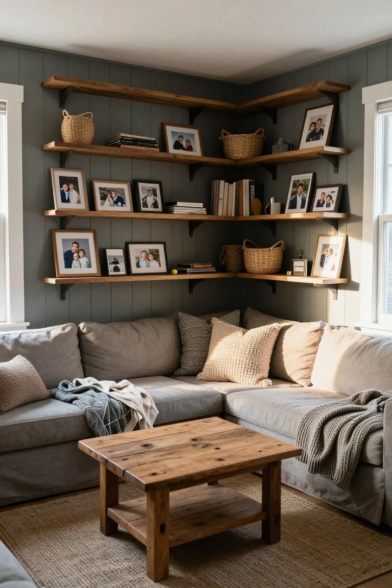A living room corner showing a gray vertical wood slat accent wall with wooden floating shelves above a gray sectional sofa and wooden coffee table.