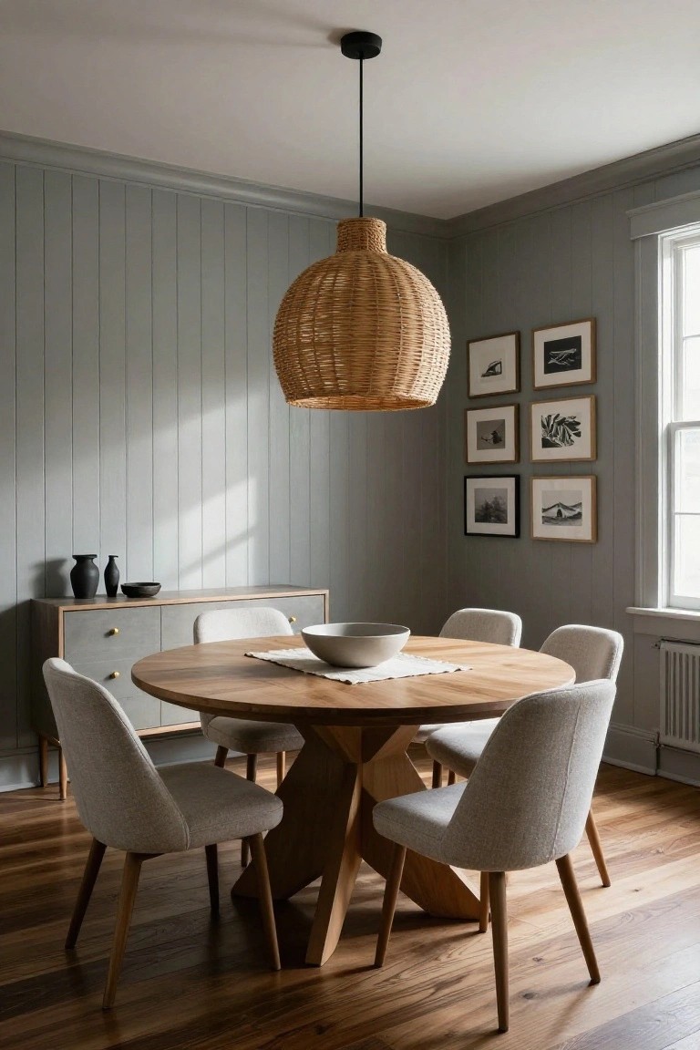 Round wooden table with beige chairs under woven pendant light in gray dining room.
