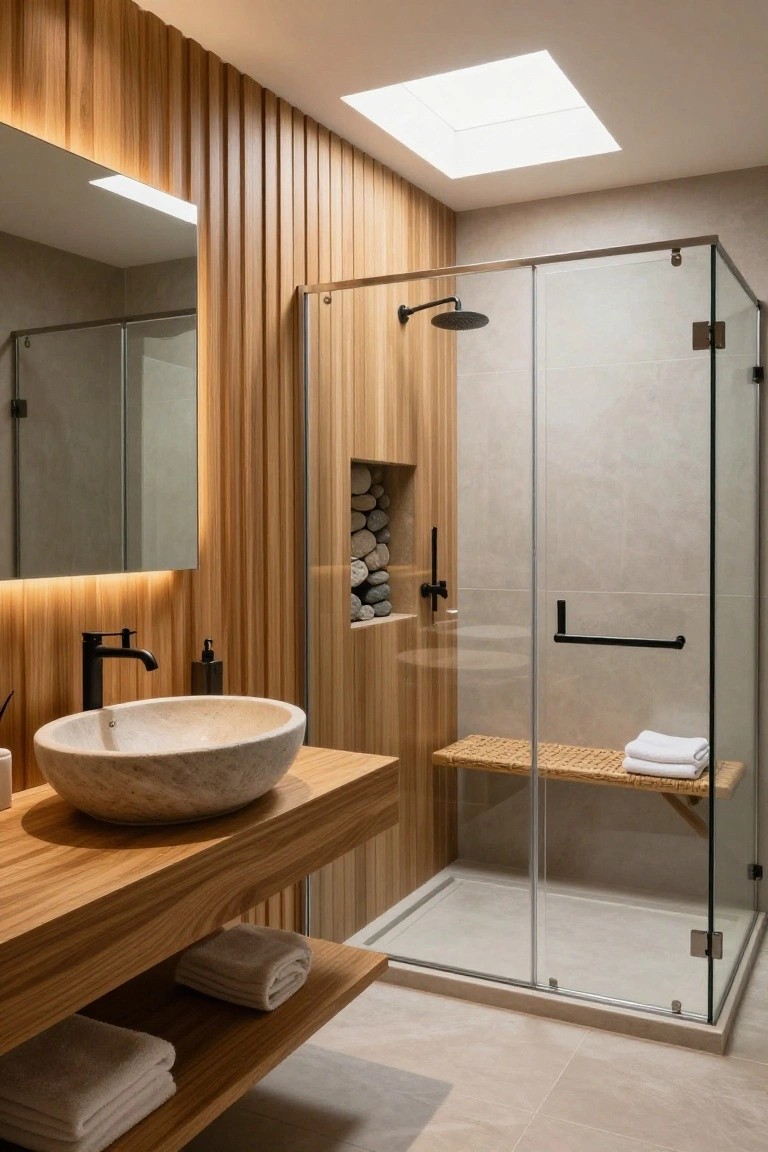 A bathroom interior with vertical wood slat accent wall, stone vessel sink on wood vanity, and glass shower enclosure.