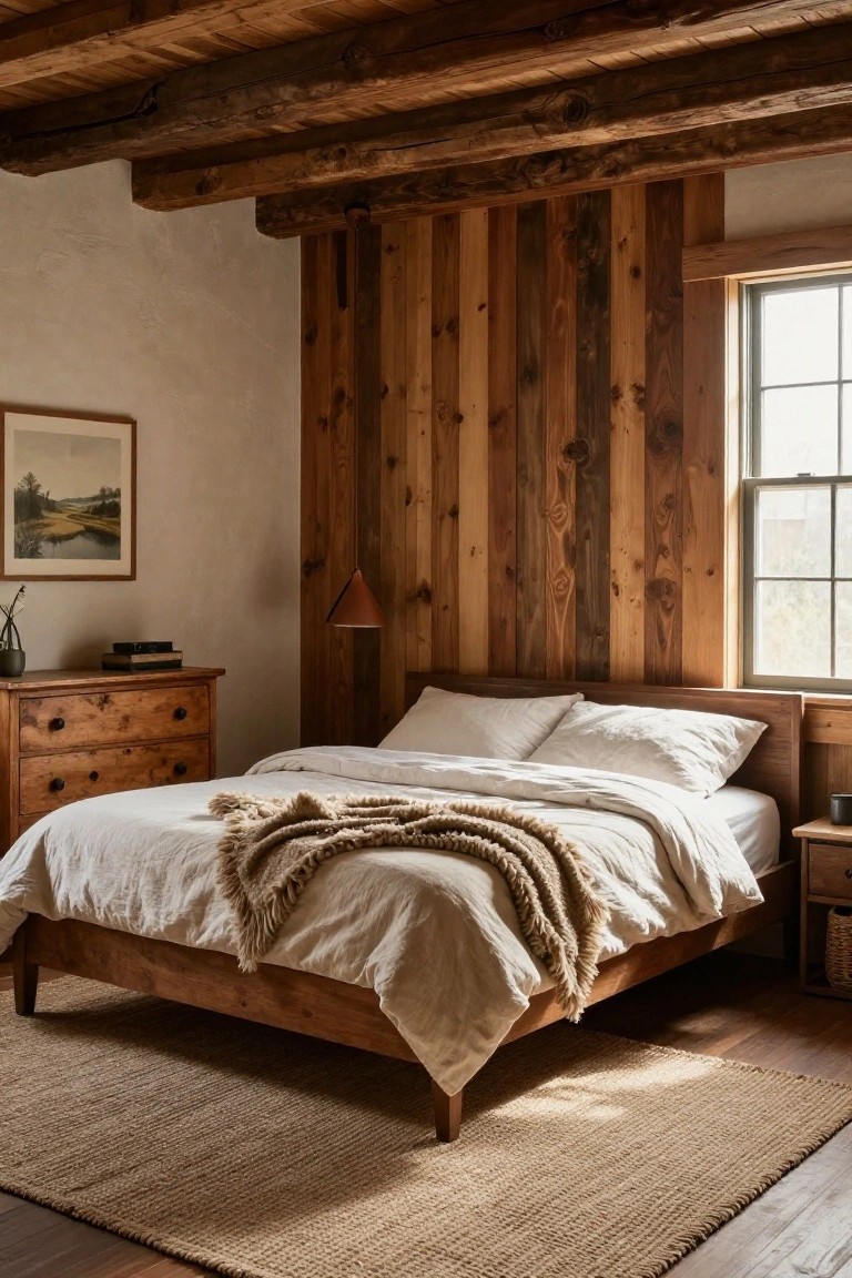A bedroom with a wooden bed, white bedding, and a vertical wood slat accent wall behind it.