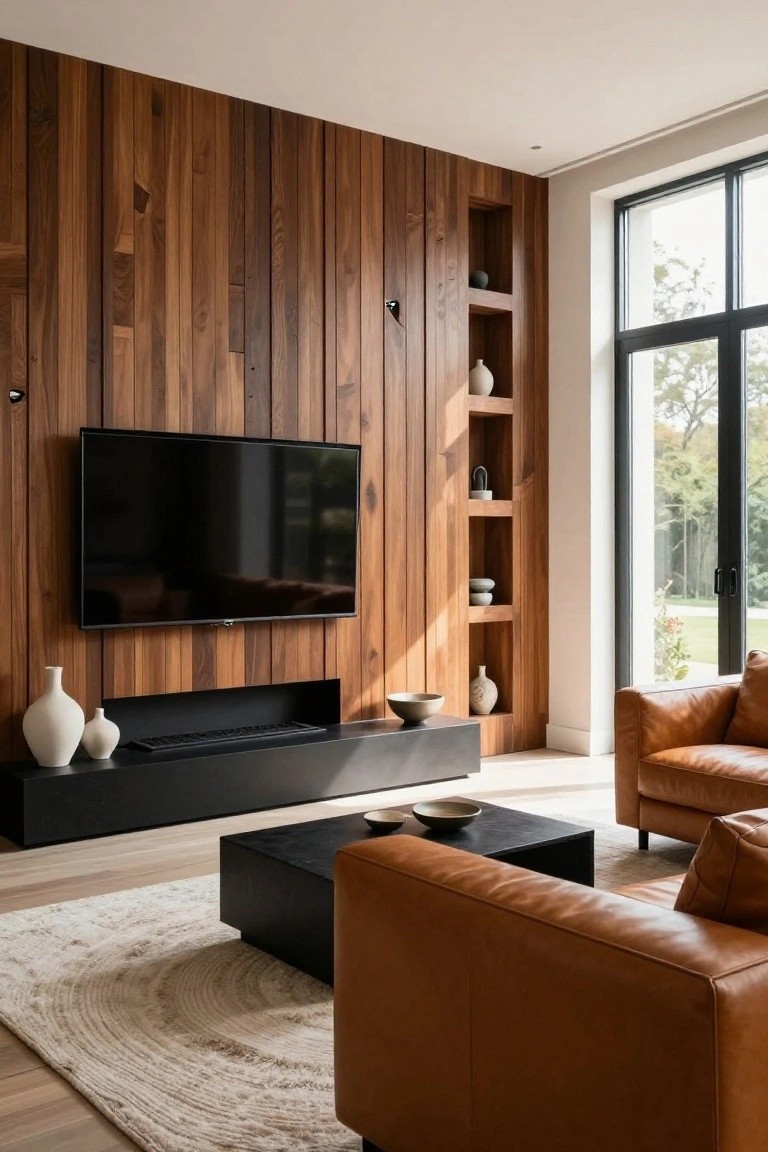Living room interior showing a tall vertical wood slat accent wall with mounted TV, built-in shelves, black media console, and brown leather seating.