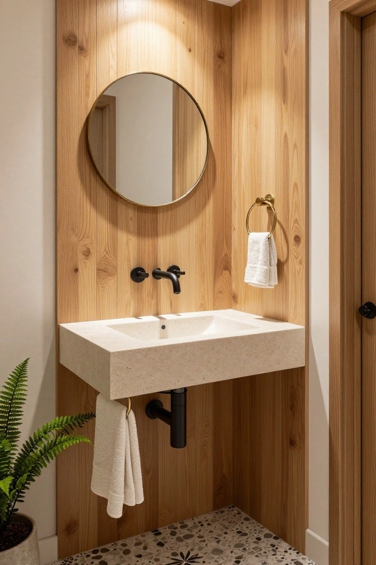 A bathroom featuring a vertical wood slat accent wall with a floating stone sink, round mirror, and black fixtures.