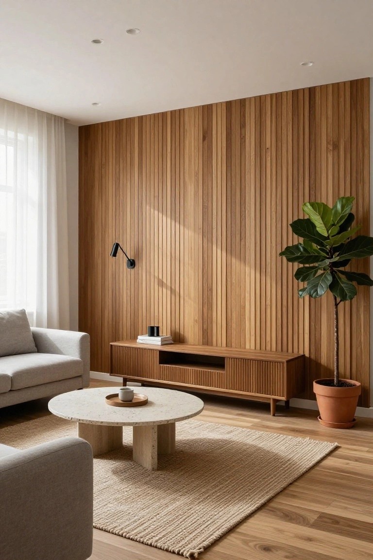 Modern living room with slatted wood wall, marble table, and potted plant
