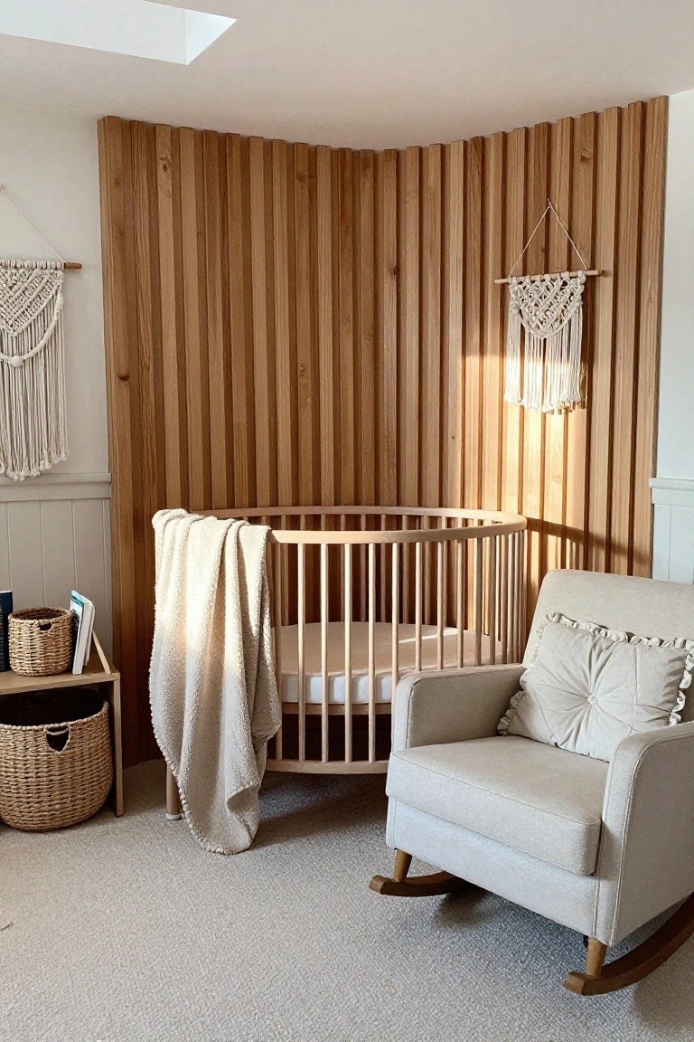 A round wooden crib sits in front of a full-height vertical wood slat accent wall in a nursery, with a beige rocking chair to the right and macrame hangings on either side.
