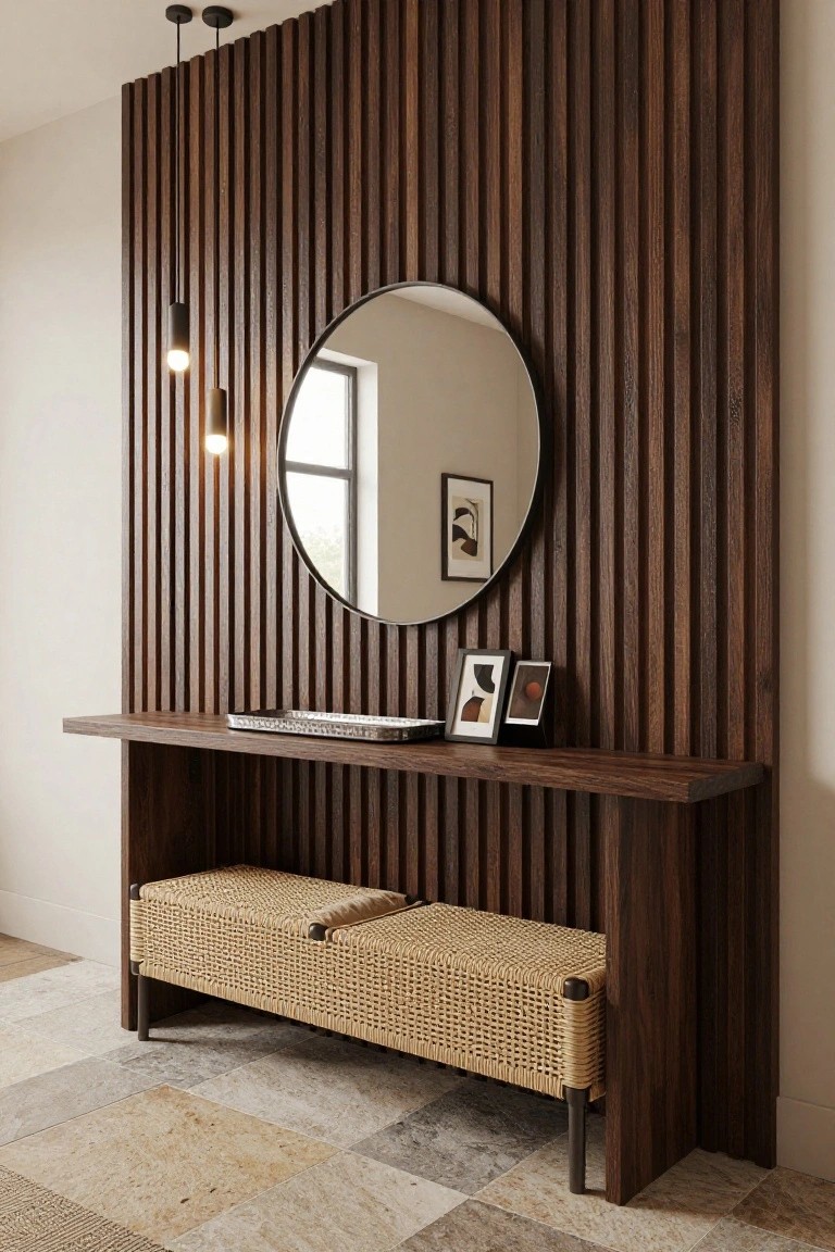 A round mirror is mounted on a wall of vertical dark wood slats above a floating wooden console table, with a woven bench below it.