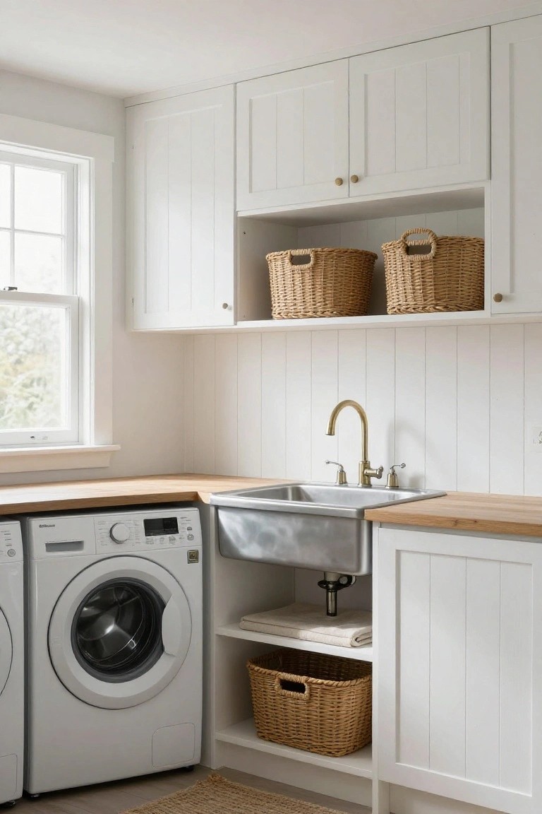 White laundry room with washing machine, stainless sink, wood counters, and wicker baskets.