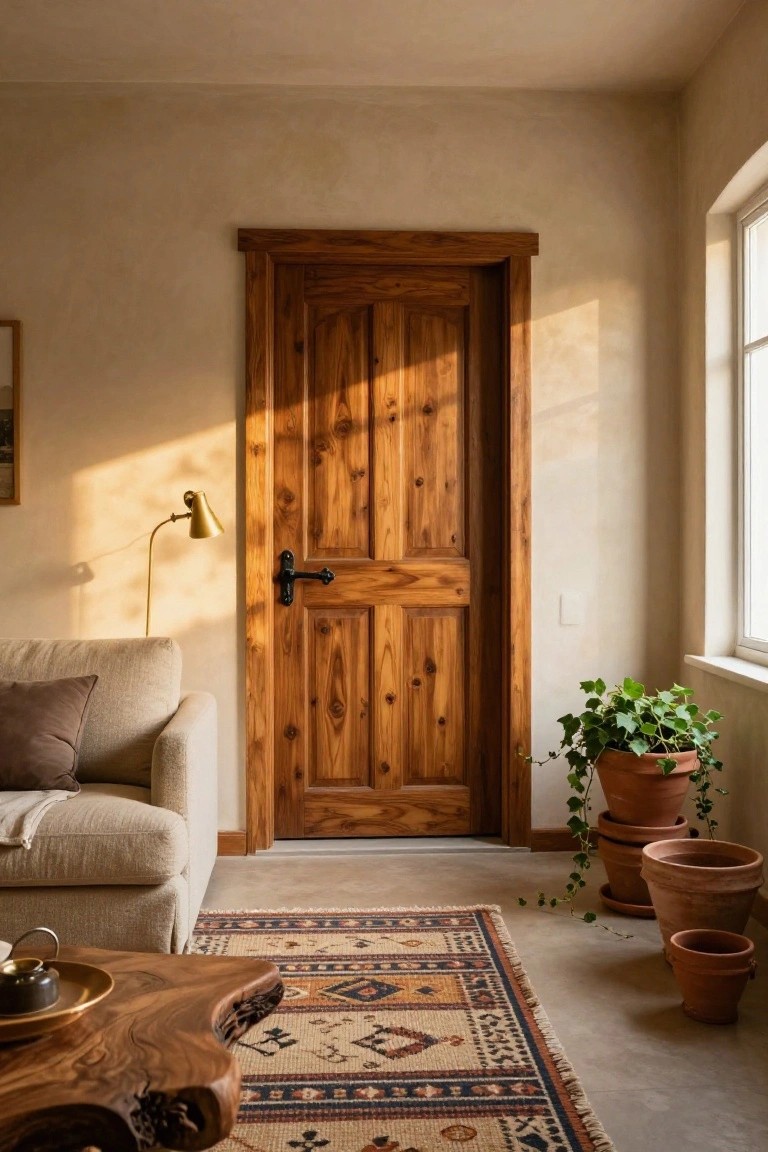 A wooden paneled door with black hardware stands in a living room with a beige sofa, patterned rug, potted plants, and a wooden coffee table.