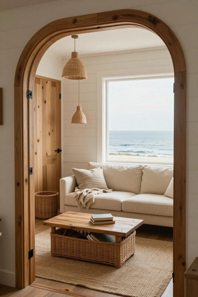 A living room viewed through a large arched wooden doorway, showing a white sofa, wooden coffee table, and ocean view through a window.